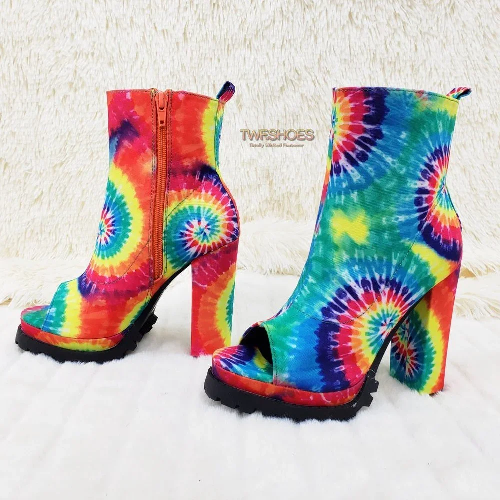 Trippin Colorful Tie Dye Open Toe Chunky Platform Heel Ankle Boots - Picture 9 of 11